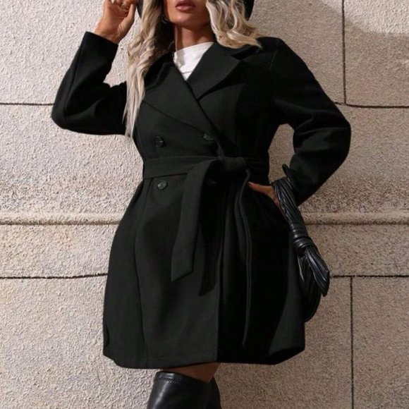 . Jackets & Blazers - Black Preppy Womens Lapel Neck Double Breasted Belted Overcoat